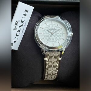 Coach Watch,Coach Silver Watch with Patterned Brown Strap,Women’s Watch.